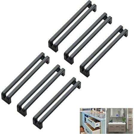 Mustat keittiön kaapin vetimet, 6 kpl laatikon vetimiä 96 mm:n keskietäisyydellä, sinkkiseoskaapin vetimet, modernit makuuhuoneen vaatekaapin vetimet,