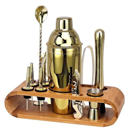 Nytt Bartender Set Oval Bamboo Wood Stand Base Cocktail Bartender Rose Gold Black 12-delat set(750 ml)