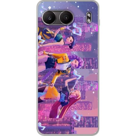 Kompatibelt Mobilskal till OnePlus Nord 4 Färgstark futuristisk illustration med tre stiliserade popstjärnekaraktärer svävande bland neonljus, mus