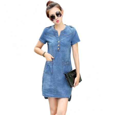 Denimkjole til kvinder. Smukke ærme-jeanskjoler til kvinder. V-hals stilfuld casual blå denim T-shirt kjole (blå M)
