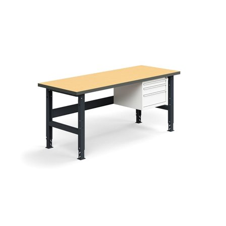 Werkbank TRUST mit 3 Schubladen, 2000 x 760 mm, 300 kg Tragkraft, Hartfaserplatte