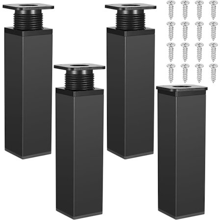 4 stk. Justerbare skapben, justerbar høyde 0-20 mm bordben, justerbare føtter for kjøkkenskap og sofaben, sølv (15 cm svart)