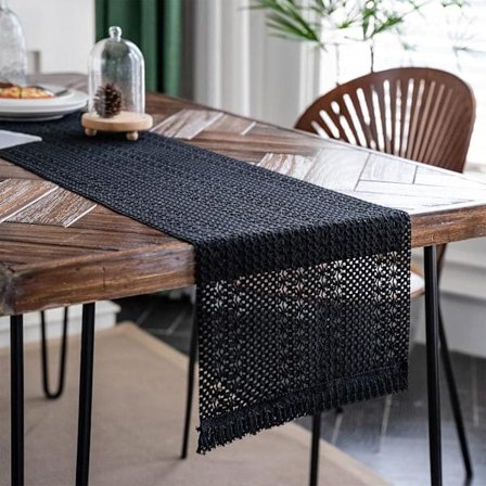 Makramé Bordløper Bondegård Boho Beige Bordløper med Frynser Bohemsk Vevd Bomull Heklet Blonde Rustikk Hjemmeinnredning (30x180cm)