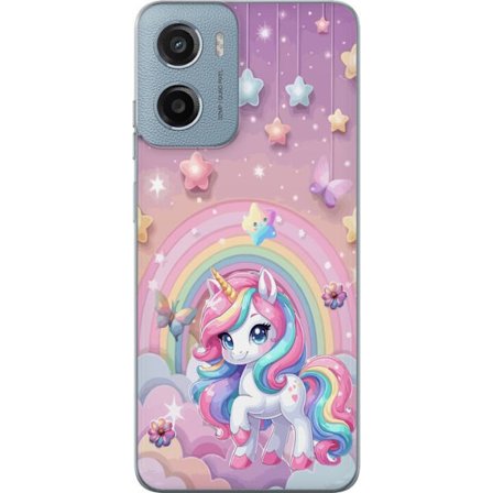Kompatibel Mobilcover til Motorola Moto G05 Magisk enhjørning med regnbue manke, stjerner og sommerfugle mod en pastelfarvet himmel med skyer
