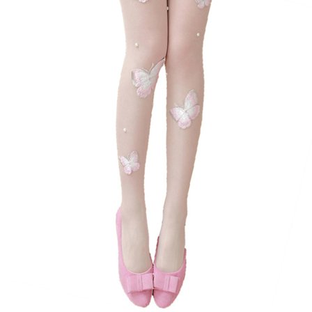 Silkeagtige, gennemsigtige strømpebukser til kvinder med broderi af sommerfugleblonder og perle-tights
