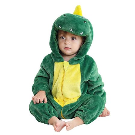 Grønn tegneserie-dinosaur hette-onesie pysjamas, komfortable termiske soveklær