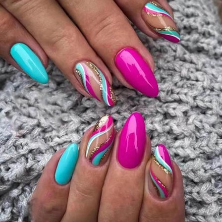 Trykk på negler Mandel Medium, Oval French Tip Falske negler Rose Red Blue Stripes Design Falske negler med lim klistremerker, Glossy Full Cover Lim 