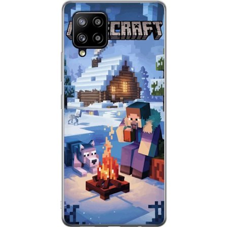 Kompatibelt Mobilskal till Samsung Samsung Galaxy A42 5G Minecraft vintermotiv med Steve, varg, lägereld och snöig stuga spelinspirerad illustration
