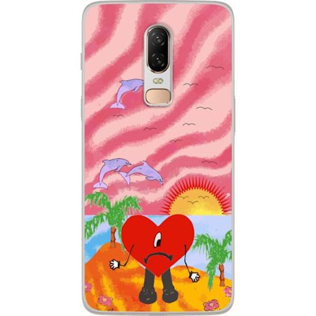 Kompatibelt Mobildeksel til OnePlus 6 Bad Bunny i en fargerik quiltet jakke med hjertemønster og solbriller i moderne gatestil