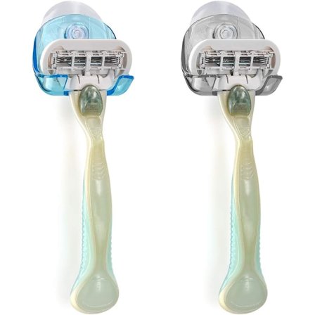 2x sugekoppholder for barberhøvler - for glass og fliser - våt barberhøvel sugekoppholdersett - veggkrok i svart lyseblå transparent