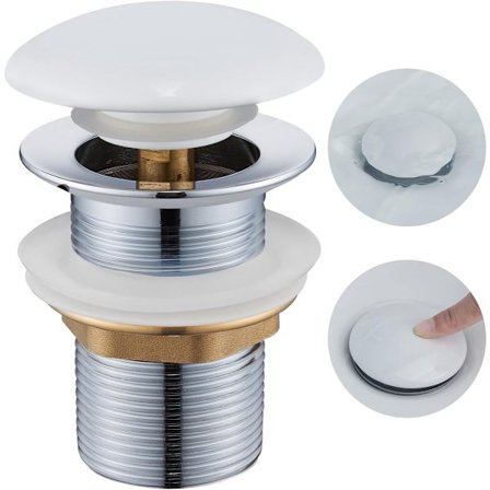 Overløbsafløb til håndvask, pop-up afløb med keramisk dæksel, universal afløb til håndvaske og toiletter G1 1/4", hvid