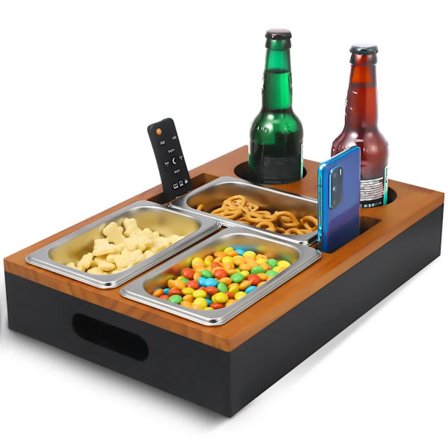 Serveringsbakker, snackboks, sofabord, snagger, snacktallerken, sengbakke, sofaarrangør med 3 skåle, kopholdere, træ, 39 x 26 x 8 cm