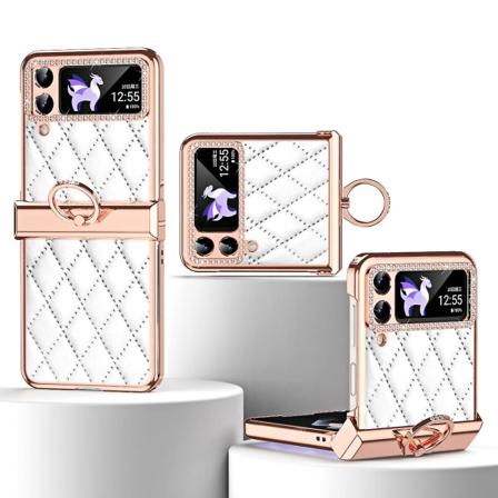 Plating Rhinestone-deksel kompatibel med Samsung Galaxy Z Flip 4, PU-lærdeksel med hengselbeskyttelse og ringholder-t White