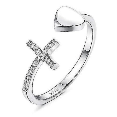 925 Sterling Silver Korsring för Kvinnor Kärlek Hjärta Öppen Ring Cubic Zirconia Vitguldpläterad Justerbar Ring