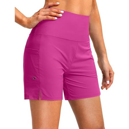 dual Dam 5" High Waisted Swim Board Shorts med telefonfickor UPF 50+ Snabbtorkande strandshorts för kvinnor med foder Plommon Liten"