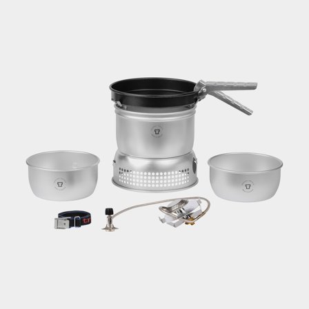 Gasblus / stormkøkken Trangia 27 Small, 2100 W + 2 gryder & vindskærm i UL / UltraLight-aluminium + 1 stegepande NS / Non Stick-teflon + gribetang + 