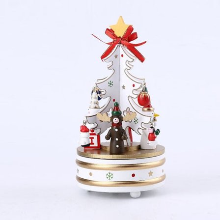 Hvit karusell spilledåse med 4 figurer, roterende juletre i tre med opptrekk