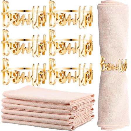 12 stk Ramadan Gull Serviettringer og Bomulls Servietter Bismillah Bokstav Metall Serviettspenner Eid
