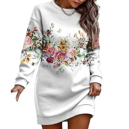 Dame Efterår Vinter Sweatshirt Kjole Blomsterprint Rund Hals Lange Ærmer Løs Pullover Tyk Varm Midt Længde Elastisk Manchet Dame Forår Mini Kjole