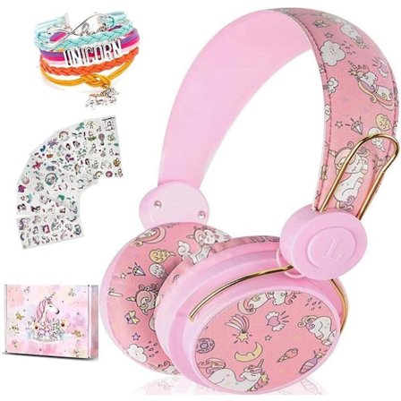 Unicorn Kids Bluetooth-hörlurar för flickor, trådlösa hörlurar med mikrofon för tonåringar, säker volymbegränsad 85db POM Kattöra Over-Ear Headset HD