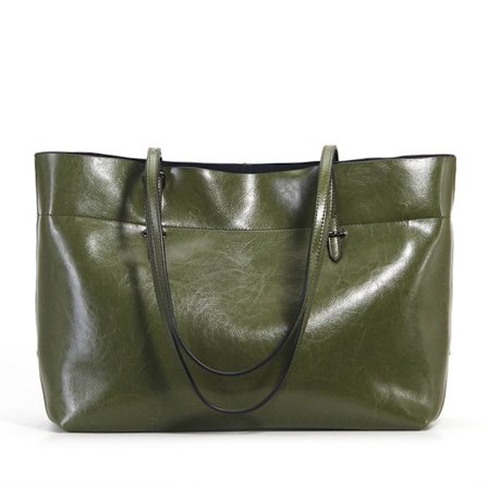 Mörkgrön vaxad lädertote Casual axelremsväska 38x28x13 cm