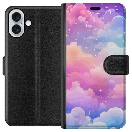 Kompatibelt Lommeboketui til Apple iPhone 16 Plus Søt enhjørning med regnbuefarget hår mot en stjernebelagt pastellbakgrunn i kawaii-stil