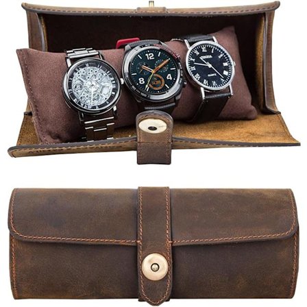 1 stk. Ægte Læder Ur-rulle Rejseetui, Ur-rejseetui til 3 Ure, Urkasse Organizer til Mænd, Læder 3-Urs Rulleetui til Armbånd
