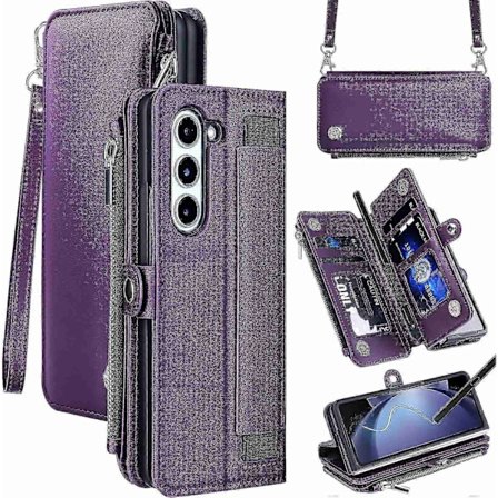 Kompatibelt med Samsung Galaxy Z Fold 5 Plånboksfodral, Z Fold 5 Fodral med S Pen-hållare med Rem & Dragkedja Magnetisk Flip Läderfodral - Perfekt