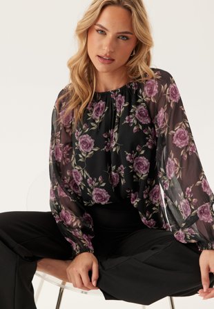 BUBBLEROOM Raglan Chiffong Blouse Black/Patterned XS