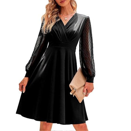 Naisten Jacquard Pitkähihainen Mekko Korkea Vyötärö Risti V-kaula A-linjainen Mekko Päivittäiseen ja Juhlavaan Käyttöön Musta L