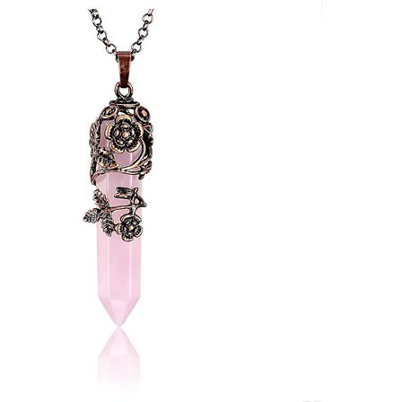 Rosenkvarts Kristall Healing Halsband för Kvinnor, Vintage Brons Blomma