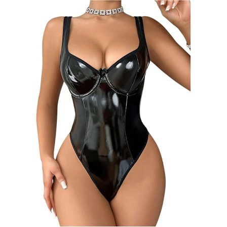 Uusin malli 2025 Naisten PU-nahkainen hihaton V-kaula-aukkoinen eksoottinen teddy-alusasu body aluslangalla musta keskikokoinen