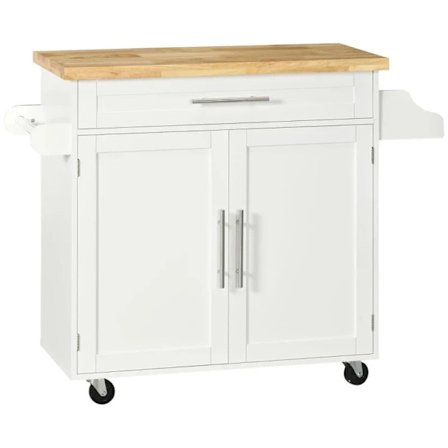 Rootz Köksvagn - Serveringsvagn - Köksö - 1 kryddställ - 1 handdukshållare - Justerbar i höjdled - Gummiträ - Vit - 109L x 40W x 89H cm