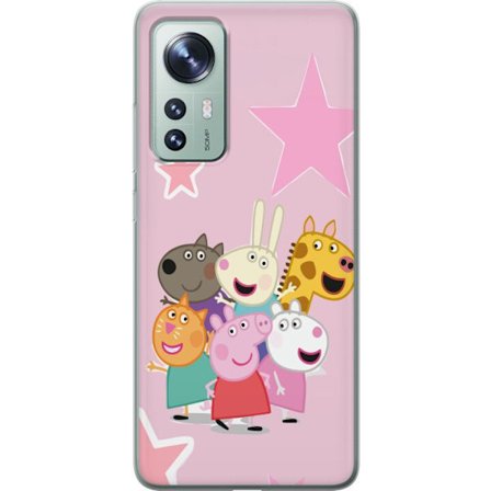 Kompatibelt Mobildeksel til Xiaomi 12 Peppa Gris og venner samlet med stjerner på rosa bakgrunn, fargerik barneillustrasjon
