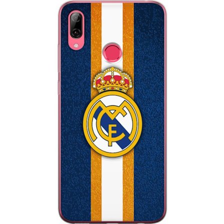 Kompatibel Mobilcover til Huawei Y7 (2019) Real Madrid klublogo med kongelig krone mod blå baggrund med gule og hvide striber