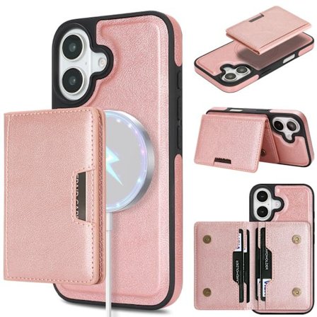 iPhone 16, Magnetisk Kortholder, Telefondeksel i Imitert Skinn, Rosegull