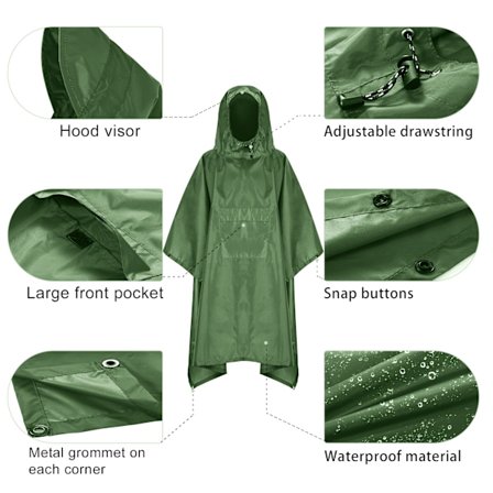 TOMSHOO Regnponcho med hette og lomme, lett, vanntett regnjakke, solskjerm for menn og kvinner, camping, fotturer, reiser