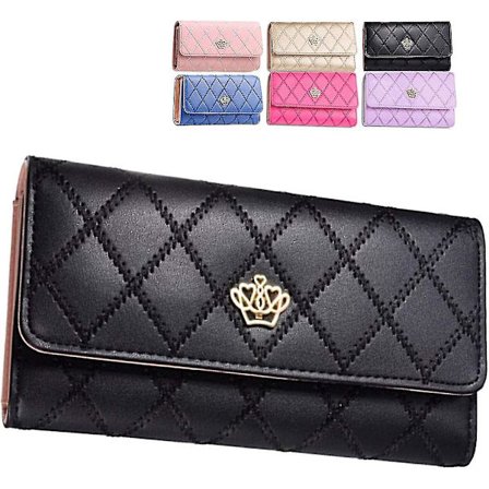 PU-nahkainen lompakko kruunu naisille tytöille käsilaukku, pitkä muodikas kruunu naisten käsilaukku rahakukkaro musta