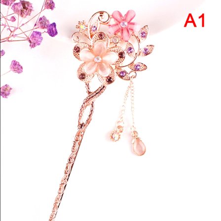 Cat Eye Stone Hair Pin Double Flower Rhinestone Hair Stick Hair
