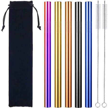 Rostfria sugrör, 5 st återanvändbara metallsugrör, 2 sugrörsrengöringsborstar, metallsugrör för milkshake, kaffe, cocktails, smoothie, varma drycker