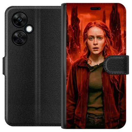 Kompatibelt Plånboksfodral till OnePlus Nord CE 3 Lite Porträtt av en ung kvinna med rött hår i en apokalyptisk landskap, röda blixtar och mörka