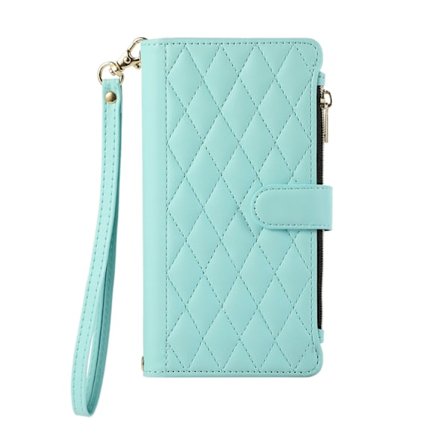 Etui til iPhone 14 PLUS Mintgrønn + kort armbånd Diamant glidelåsveske Stativ Lommebok med kortholder