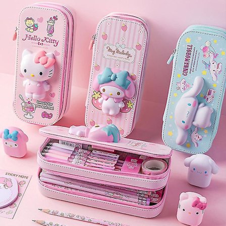 Stort PU-penalhus med Kawaii Hellokitty, Cinnamoroll og Melody - Skolepenne, Taske, Penalhus, Tilbehør, Kontorartikler (Penner medfølger ikke)-FX-