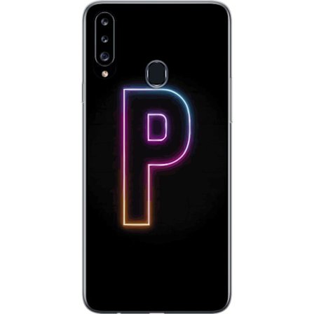 Kompatibel Mobilcover til Samsung Samsung Galaxy A20s Minimalistisk neonbogstav P i farvegradient og lyseffekt mod sort baggrund i digital neonstil