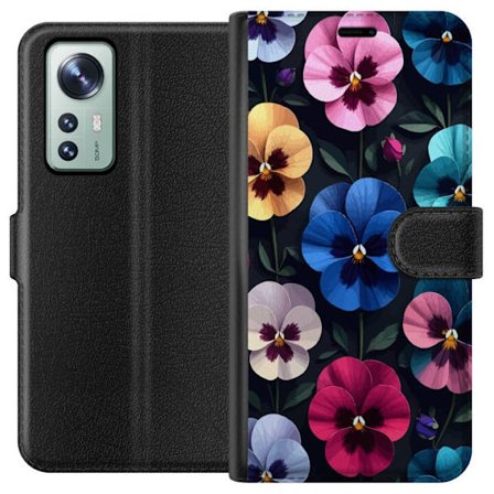 Kompatibelt Lommeboketui til Xiaomi 12 Dekorativt blomstermønster med fargerike pensélignende blomster og mørk elegant bakgrunn