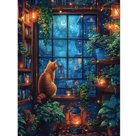 DIY Diamant Maleri Dyr Kat, Fuld Diamant Mosaik Landskab Vindue Hjem Dekoration Håndlavet Hobby