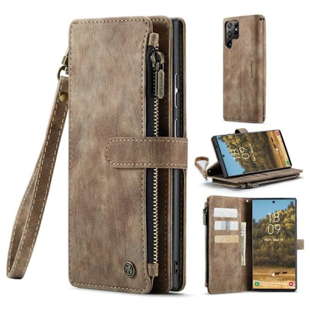 CaseMe telefonetui med glidelås og lommebok for Samsung Galaxy S22 Ultra - Brun
