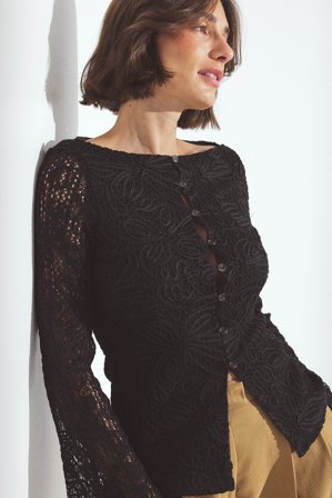 NA-KD Häkeltop mit Knöpfen vorne - Langarmshirts - Schwarz - XL (EU 46)