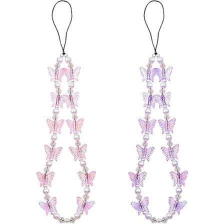2 STK. Telefon Charm Mobiltelefon Perle Snøre Håndledsremme Bling Krystal Sommerfugl Vedhæng Anti-tab Mobiltelefonkæde - Pink, Lilla