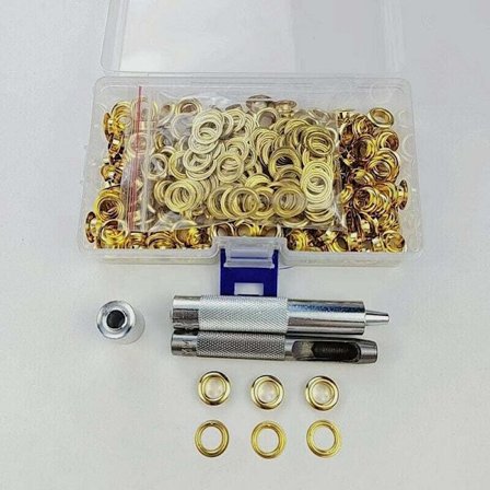 Purjerenkaat, 100 sarjaa 12 mm:n purjerenkaat, pressun korjaussarja, 3 kpl purjerenkaan työkalusarja purjerenkaille, kankaalle, verhoille (kulta)